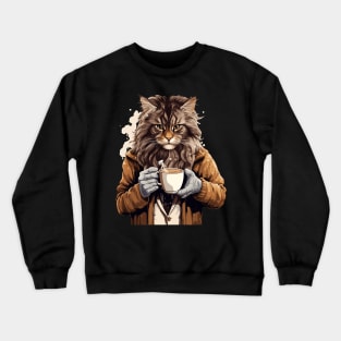 Maine Coon Cat Drinking Coffee Crewneck Sweatshirt